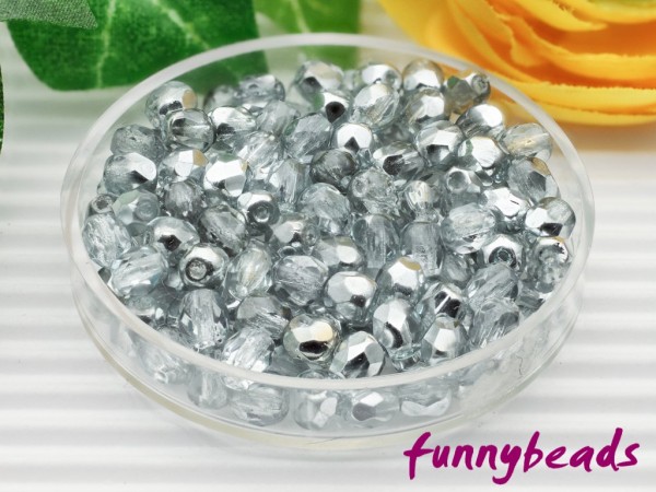 100 Glasschliffperlen crystal 1/2 coated silver 3 mm